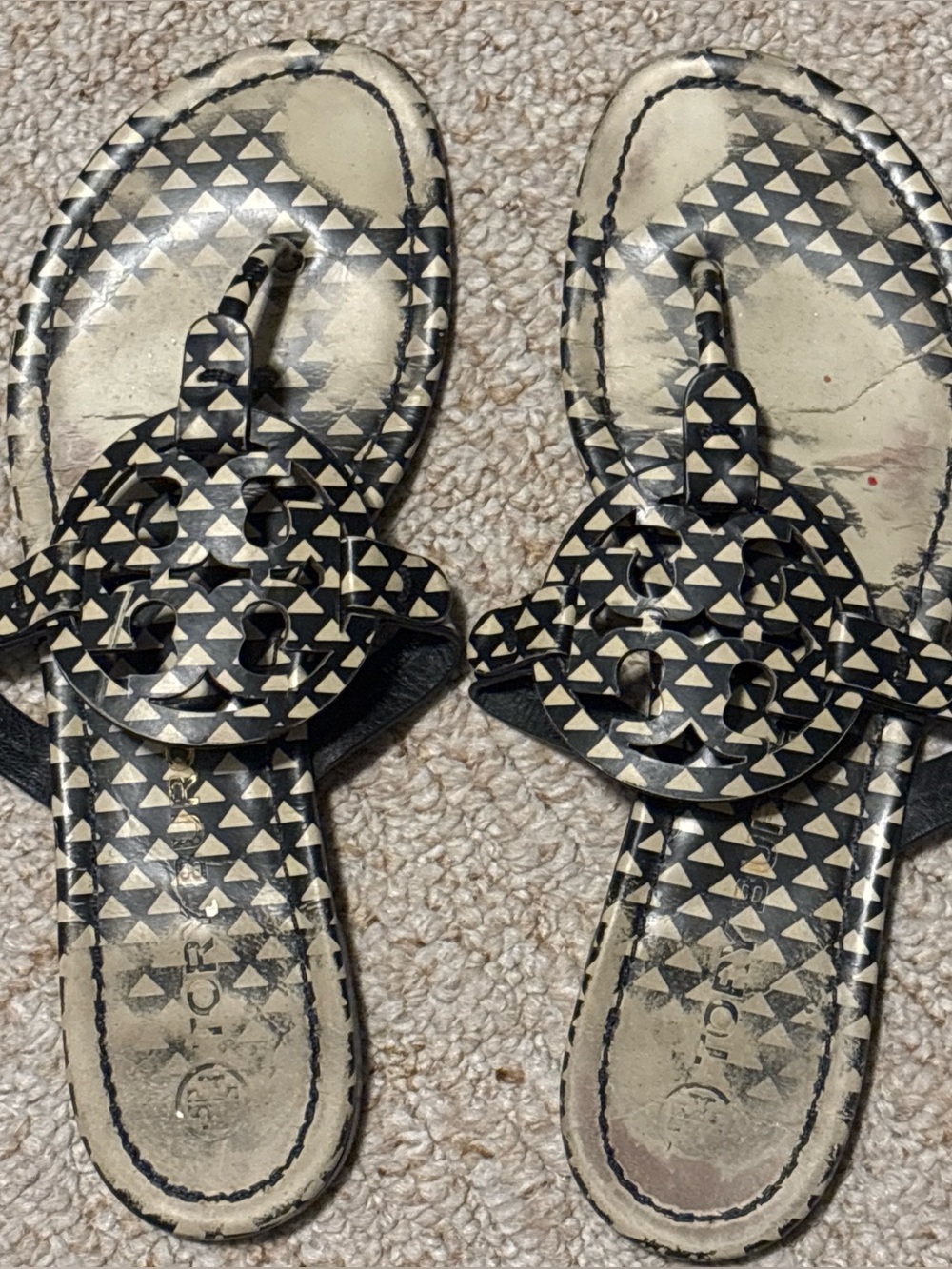 Tory Burch Black and Cream Geometric Cutout Logo Sandals